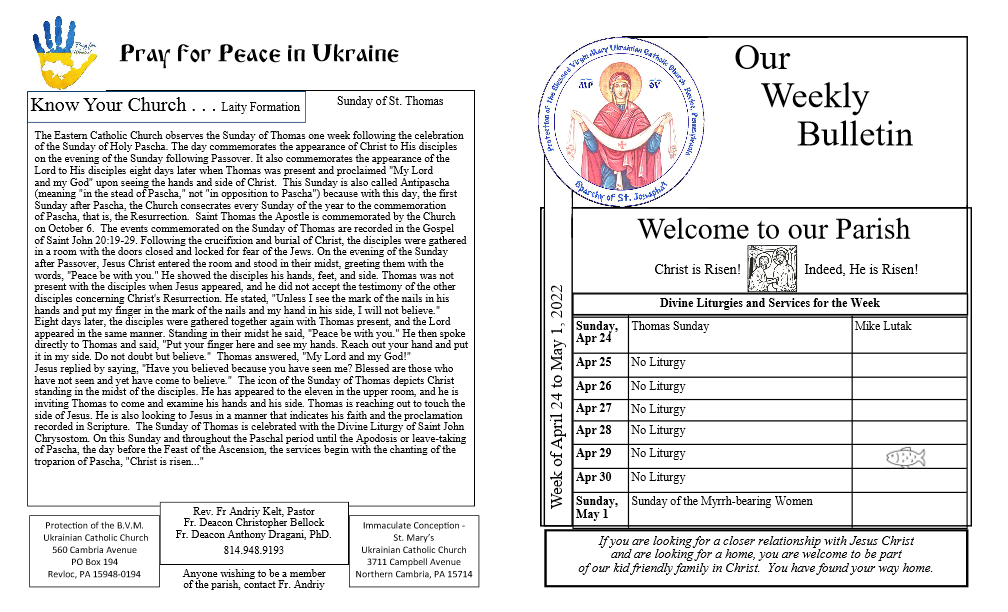 Apr 24 to May 1, 2022 Protection of the Blessed Virgin Mary